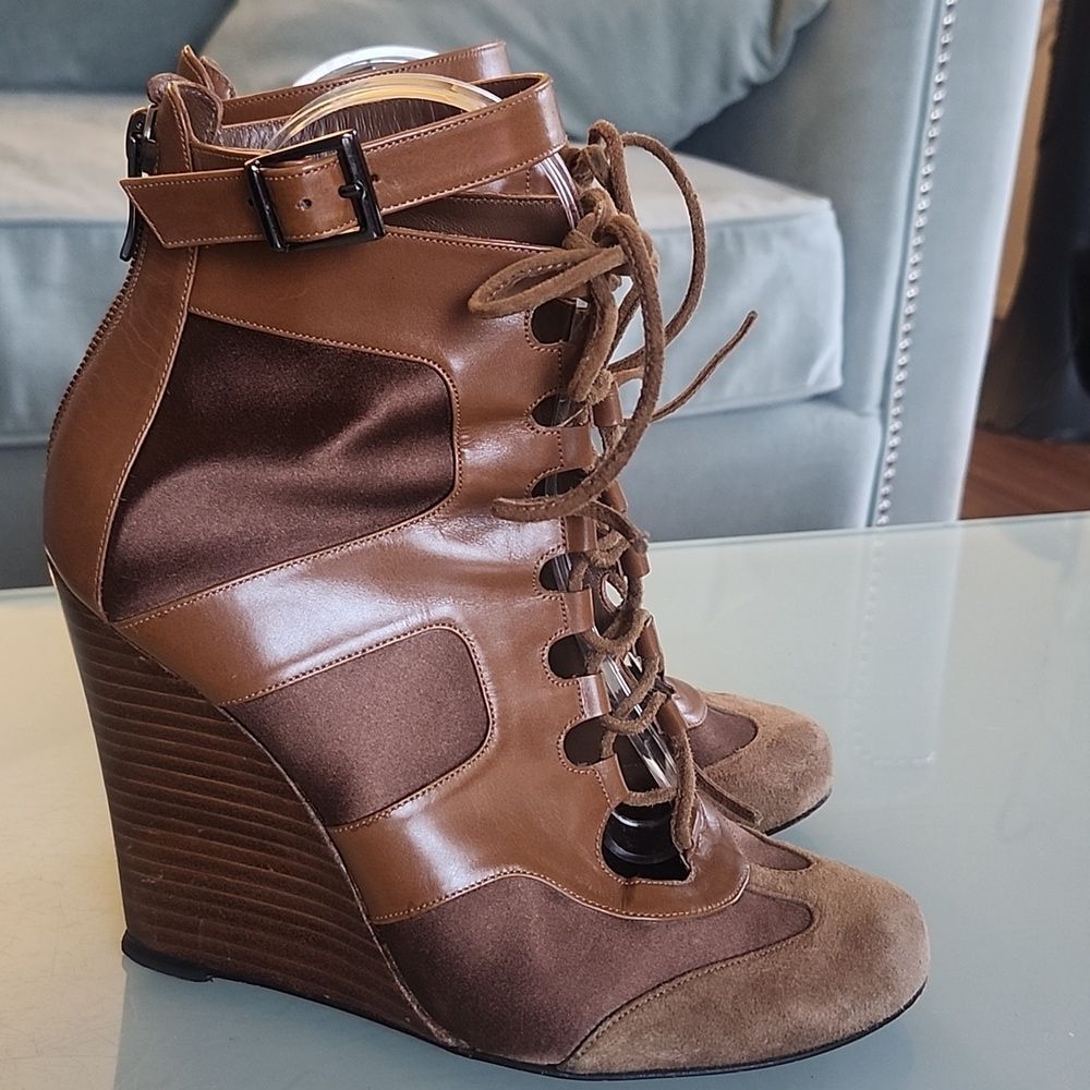 Lace Up Leather Suede And Satin Heeled Boots Whimsigoth Witchy US 7.5-8